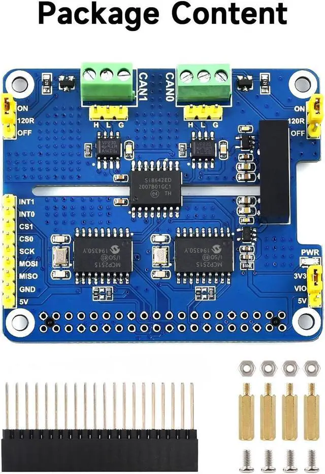 Alt view image 2 of 5 - Waveshare 2-Channel Isolated CAN Bus Expansion HAT, Compatible with Raspberry Pi 5/4B/3B/Zero/Zero W/Zero 2W/Pico/Pico W/Pico WH,MCP2515 + SN65HVD230 Dual Chips Solution, Multi Protection Circuits