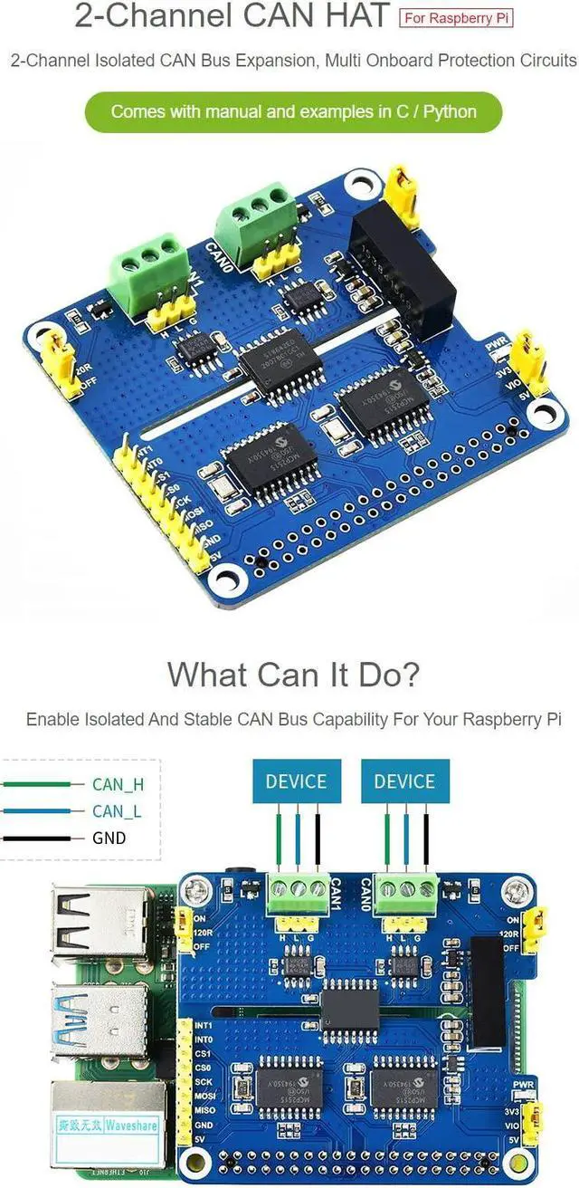 Alt view image 3 of 5 - Waveshare 2-Channel Isolated CAN Bus Expansion HAT, Compatible with Raspberry Pi 5/4B/3B/Zero/Zero W/Zero 2W/Pico/Pico W/Pico WH,MCP2515 + SN65HVD230 Dual Chips Solution, Multi Protection Circuits