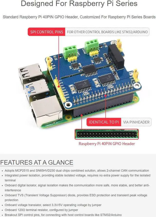 Alt view image 4 of 5 - Waveshare 2-Channel Isolated CAN Bus Expansion HAT, Compatible with Raspberry Pi 5/4B/3B/Zero/Zero W/Zero 2W/Pico/Pico W/Pico WH,MCP2515 + SN65HVD230 Dual Chips Solution, Multi Protection Circuits