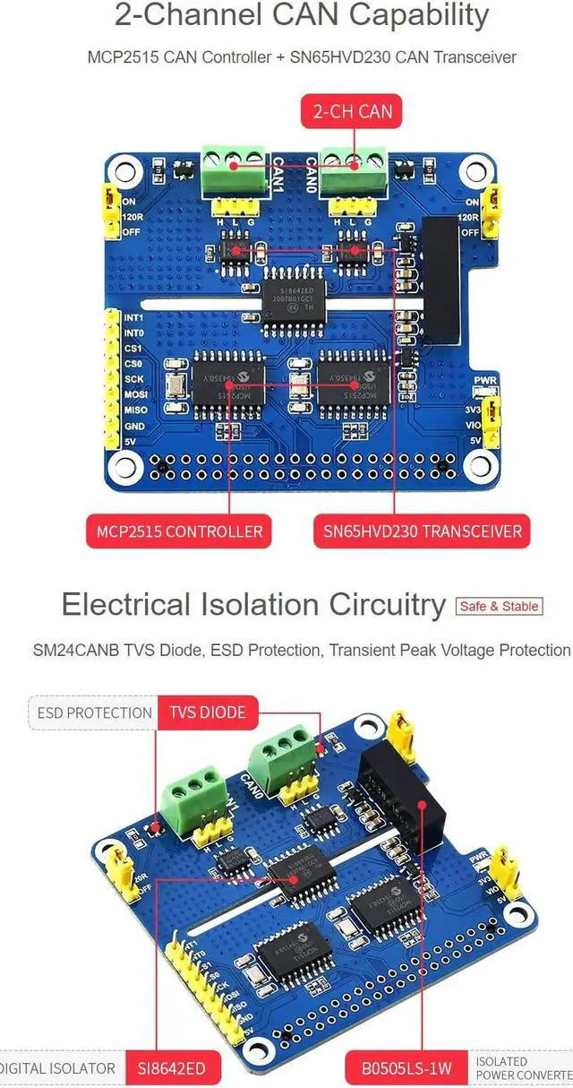 Alt view image 5 of 5 - Waveshare 2-Channel Isolated CAN Bus Expansion HAT, Compatible with Raspberry Pi 5/4B/3B/Zero/Zero W/Zero 2W/Pico/Pico W/Pico WH,MCP2515 + SN65HVD230 Dual Chips Solution, Multi Protection Circuits
