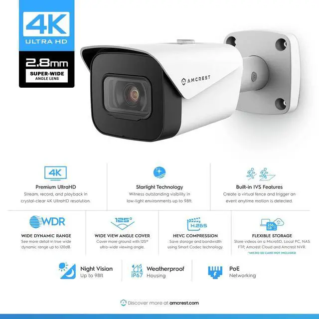 Alt view image 2 of 5 - Amcrest UltraHD 4K (8MP) Outdoor Bullet POE IP Camera, 3840x2160, 98ft NightVision, 2.8mm Lens, IP67 Weatherproof, MicroSD Recording, White (IP8M-2496EW-V2)