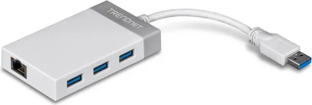 Main image of TRENDnet 3-Port USB 3.0 Hub, TU3-ETGH3, Compact USB to Ethernet Adapter, 3 x USB 3.0 Ports, 1 x RJ-45 Gigabit Ethernet Port, Supports XP, Vista, Windows, Mac OS 10.6-10.9, Nintendo Switch, White