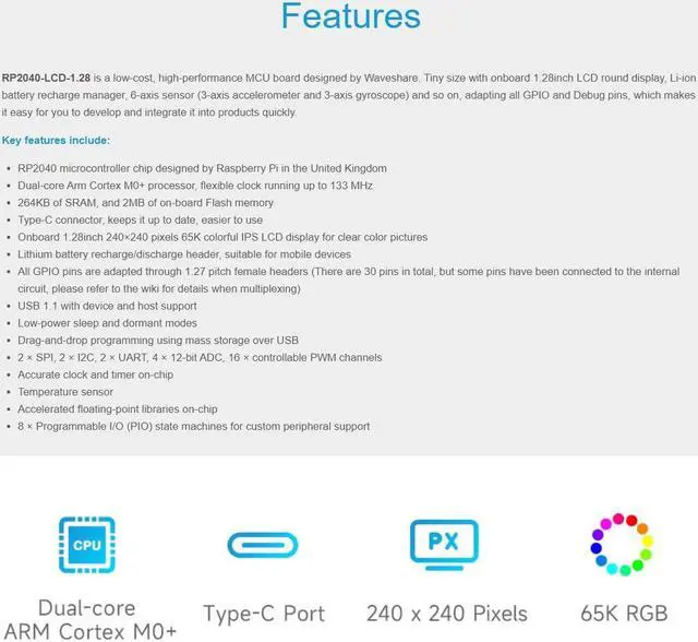 Alt view image 3 of 5 - waveshare RP2040 MCU Board with 1.28inch Round LCD 240×240 Pixels Colorful IPS Display, Based on Raspberry Pi RP2040, Dual-core Arm Processor, Onboard 6-axis IMU Sensor, USB-C Connector etc.