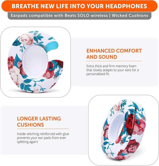 Alt view image 4 of 5 - WC Extra Thick Replacement Earpads for Beats Solo 2 & 3 by Wicked Cushions - Ear Pads for Beats Solo 2 & 3 Wireless ON-Ear Headphones - Soft Leather, Luxury Memory Foam, Strong Adhesive | Floral White