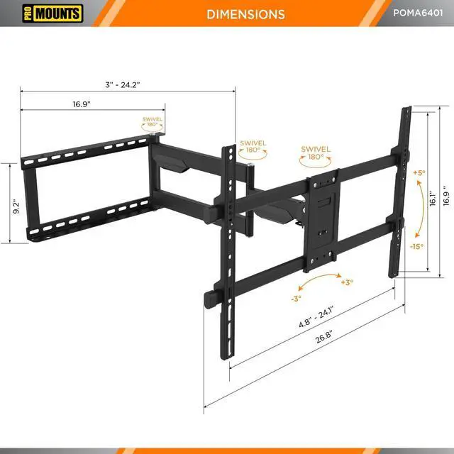 Alt view image 3 of 5 - ProMounts Premium Indoor/Outdoor TV Mount Weatherproof Articulating/Full Motion TV Wall Mount for 32-75 Inch Flat and Curved LED, LCD, and Plasma Screens, Holds up to 132lbs.