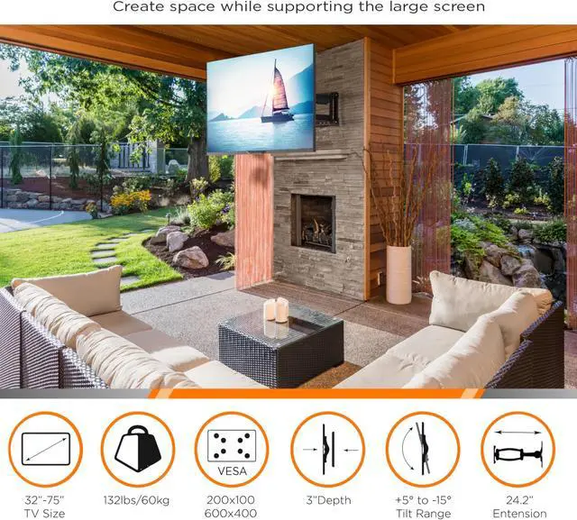 Alt view image 2 of 5 - ProMounts Premium Indoor/Outdoor TV Mount Weatherproof Articulating/Full Motion TV Wall Mount for 32-75 Inch Flat and Curved LED, LCD, and Plasma Screens, Holds up to 132lbs.