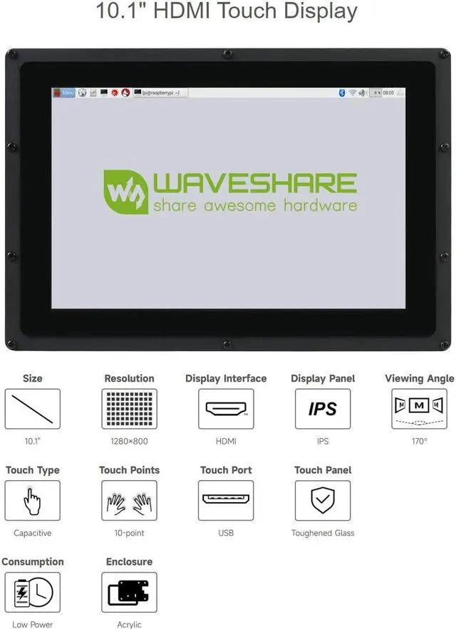 Alt view image 3 of 5 - waveshare 10.1inch Capacitive Touch Screen LCD Compatible with Raspberry Pi 5/4B/3B/Zero/Zero W/Zero 2W/Pico/Pico W/Pico WH, Comes with Case and Toughened Glass Cover 1280×800 Resolution HDMI IPS