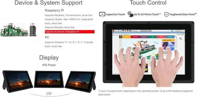 Alt view image 4 of 5 - waveshare 10.1inch Capacitive Touch Screen LCD Compatible with Raspberry Pi 5/4B/3B/Zero/Zero W/Zero 2W/Pico/Pico W/Pico WH, Comes with Case and Toughened Glass Cover 1280×800 Resolution HDMI IPS
