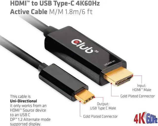 Alt view image 3 of 5 - Club 3D CAC-1334 HDMI 2.0 to USB Type C 4K60Hz M/M Active Cable 1.8m-6ft, NOT for Mac Systems