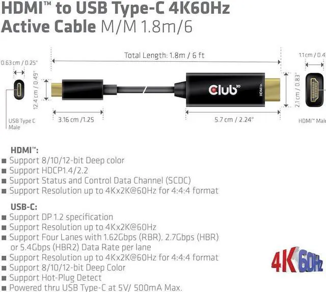 Alt view image 5 of 5 - Club 3D CAC-1334 HDMI 2.0 to USB Type C 4K60Hz M/M Active Cable 1.8m-6ft, NOT for Mac Systems