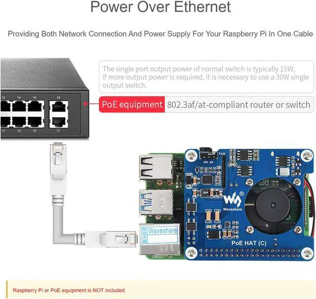 Alt view image 4 of 5 - waveshare Power Over Ethernet (PoE) HAT for Raspberry Pi 4B/3B+, 802.3af/at PoE Network Standard, 5V USB-A&12V Header Outputs, PoE HAT Onboard Cooling Fan and MP8676 Buck Chip, Isolated