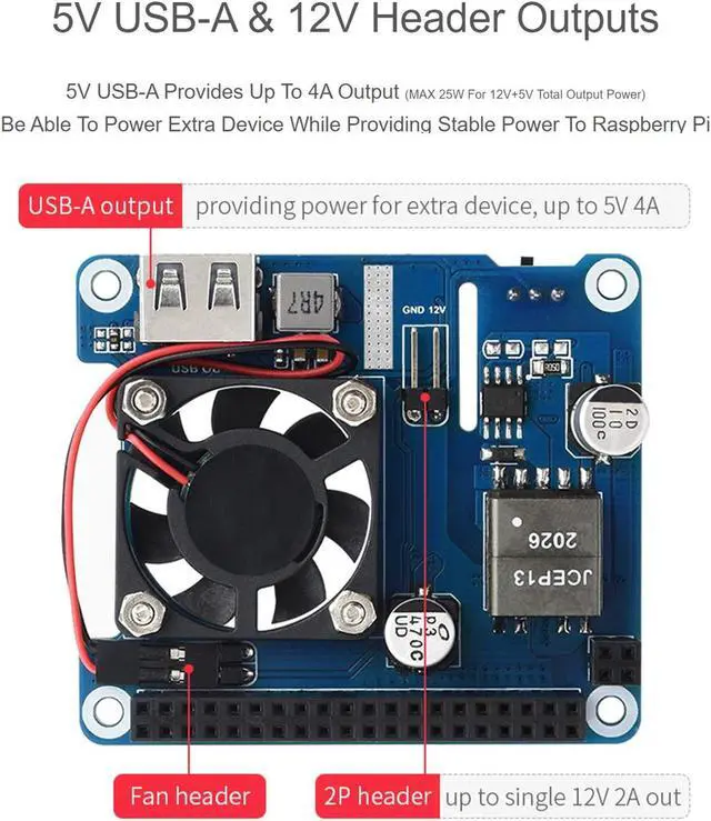 Alt view image 5 of 5 - waveshare Power Over Ethernet (PoE) HAT for Raspberry Pi 4B/3B+, 802.3af/at PoE Network Standard, 5V USB-A&12V Header Outputs, PoE HAT Onboard Cooling Fan and MP8676 Buck Chip, Isolated