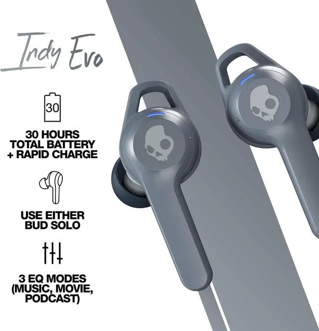Alt view image 3 of 5 - Skullcandy Indy Evo In-Ear Wireless Earbuds, 30 Hr Battery, Microphone, Works with iPhone Android and Bluetooth Devices - Grey