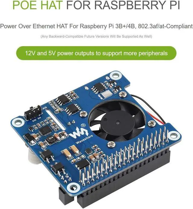 Alt view image 2 of 5 - waveshare Power Over Ethernet (PoE) HAT for Raspberry Pi 4B/3B+, 802.3af/at PoE Network Standard, 5V USB-A&12V Header Outputs, PoE HAT Onboard Cooling Fan and MP8676 Buck Chip, Isolated