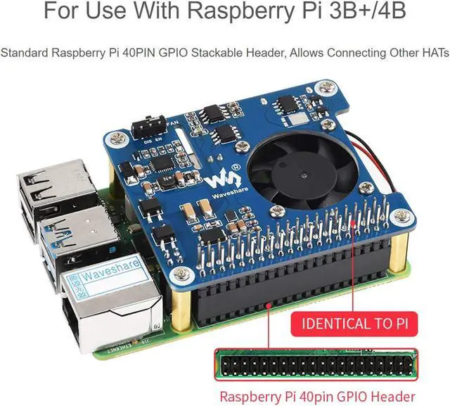 Alt view image 3 of 5 - waveshare Power Over Ethernet (PoE) HAT for Raspberry Pi 4B/3B+, 802.3af/at PoE Network Standard, 5V USB-A&12V Header Outputs, PoE HAT Onboard Cooling Fan and MP8676 Buck Chip, Isolated