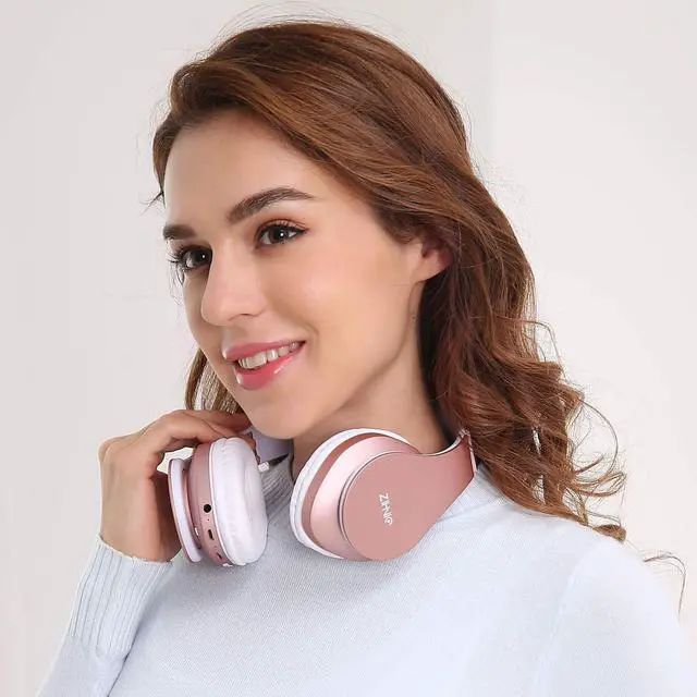 Alt view image 2 of 5 - ZIHNIC Bluetooth Headphones Over-Ear, Foldable Wireless and Wired Stereo Headset Micro SD/TF, FM for Cell Phone,PC,Soft Earmuffs &Light Weight for Prolonged Wearing(Rose Gold)