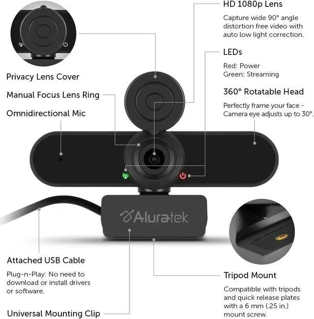 Alt view image 4 of 5 - Aluratek HD 1080P Video Webcam (AWC03F) Full HD Webcam with Built-in Microphone, Autofocus, and Adjustable Clip Perfect for Streaming, Video Calls, and Online Meetings Video and Audio