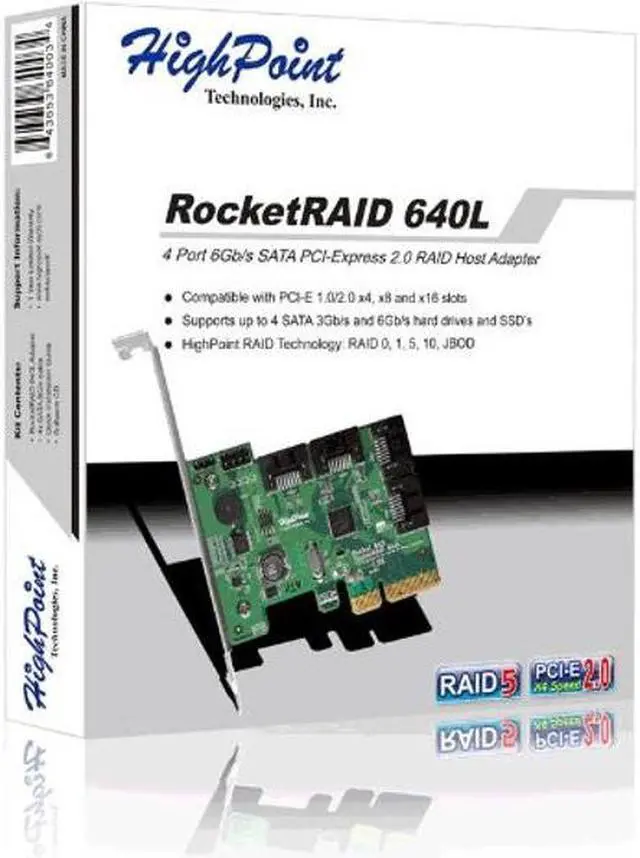 Alt view image 3 of 5 - HighPoint RocketRAID 640L Internal 4 SATA Port PCI-Express 2.0 x4 SATA 6Gb/s RAID Controller -Lite Version