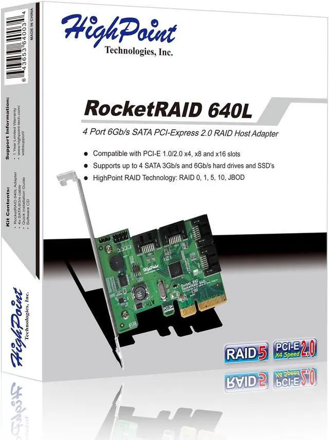Alt view image 5 of 5 - HighPoint RocketRAID 640L Internal 4 SATA Port PCI-Express 2.0 x4 SATA 6Gb/s RAID Controller -Lite Version