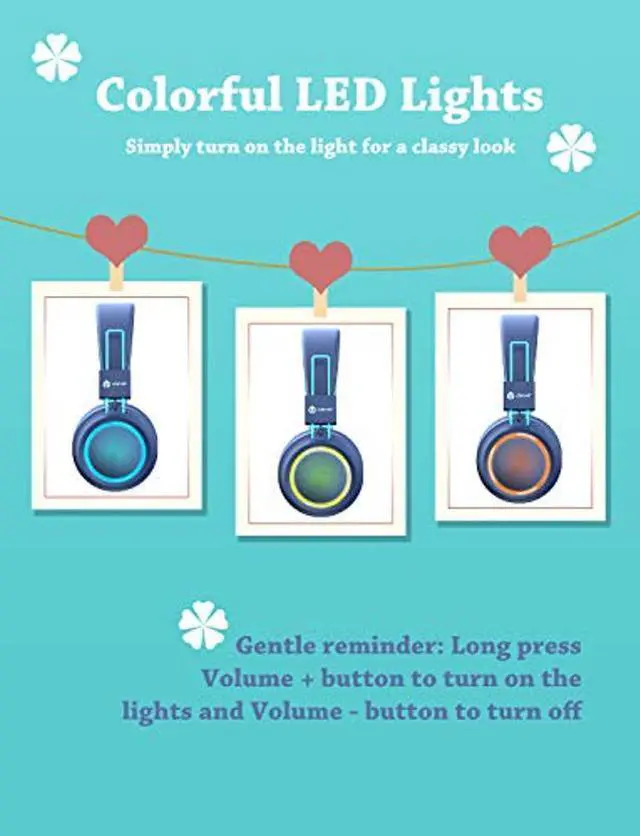 Alt view image 2 of 5 - iClever Kids Bluetooth Headphones LED Light Up with Safe Volume, 25H Playtime, Stereo Sound Mic, Bluetooth 5.0, Foldable, On Ear Kids Wireless Headphones for Tablet/Airplane/Travel, BTH03 Blue