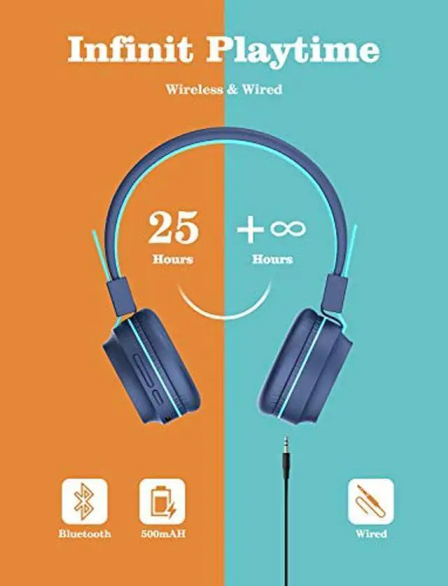 Alt view image 5 of 5 - iClever Kids Bluetooth Headphones LED Light Up with Safe Volume, 25H Playtime, Stereo Sound Mic, Bluetooth 5.0, Foldable, On Ear Kids Wireless Headphones for Tablet/Airplane/Travel, BTH03 Blue