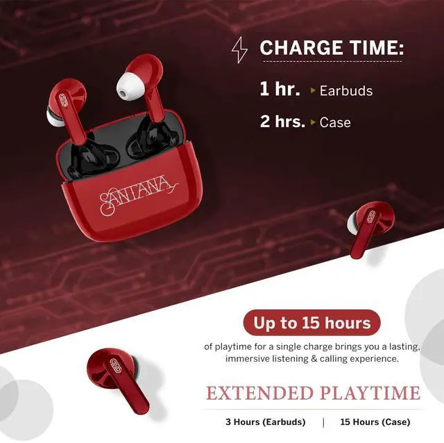 Alt view image 4 of 4 - Mambo by Carlos Santana, True Wireless Earbuds Bluetooth Headphones with Charging Case, Bluetooth Earbuds with Voice Isolating Microphone, Deep Bass Stereo Headsets for Sports & Gaming (Red)