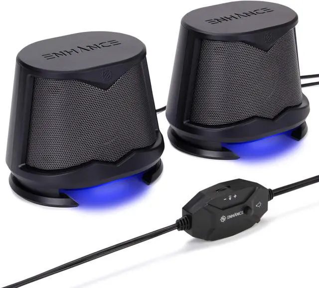 Main image of ENHANCE SB2 Computer Speakers with Blue LED Light, 2.0 USB Powered Stereo - Speakers for PC, Work from Home Accessories, Surround Sound with 3.5mm Plug - Compatible with Gaming Laptop, Desktop