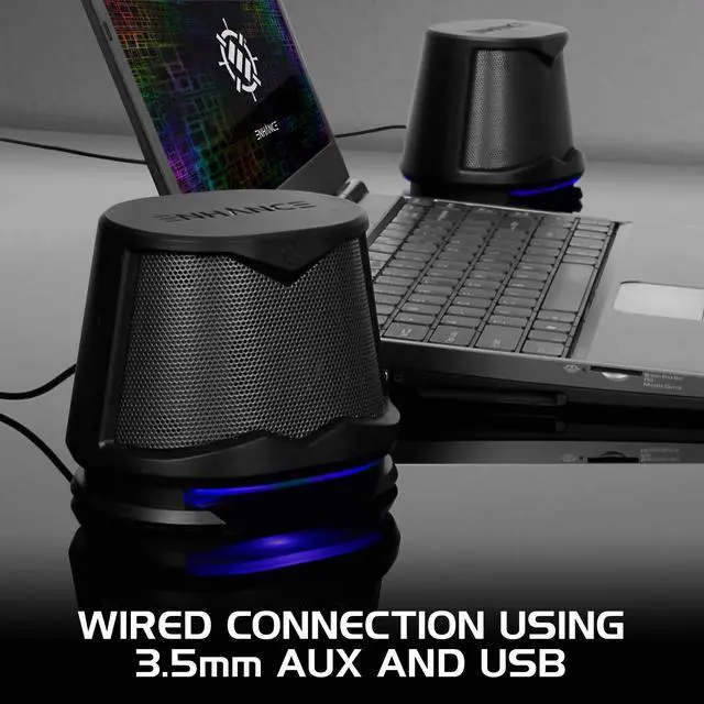 Alt view image 4 of 5 - ENHANCE SB2 Computer Speakers with Blue LED Light, 2.0 USB Powered Stereo - Speakers for PC, Work from Home Accessories, Surround Sound with 3.5mm Plug - Compatible with Gaming Laptop, Desktop