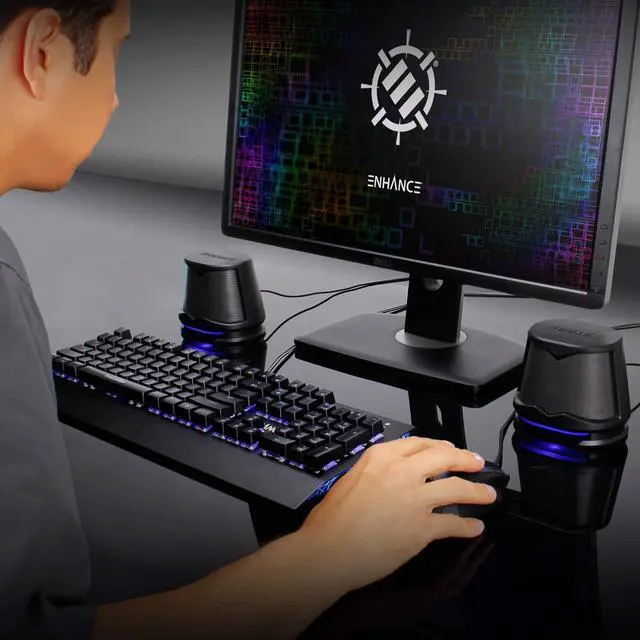 Alt view image 5 of 5 - ENHANCE SB2 Computer Speakers with Blue LED Light, 2.0 USB Powered Stereo - Speakers for PC, Work from Home Accessories, Surround Sound with 3.5mm Plug - Compatible with Gaming Laptop, Desktop