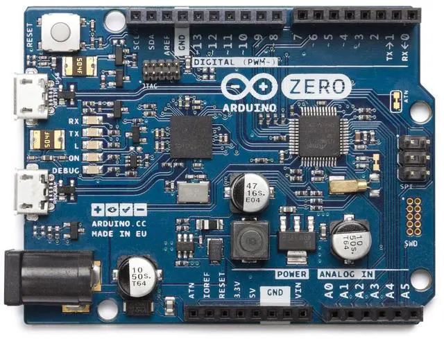 Main image of Arduino Zero [ABX00003]  32-bit ARM Cortex-M0+, 48MHz, 256KB Flash, 32KB SRAM, Native USB, 14 Digital I/O Pins, 6 Analog Inputs, Compatible with Arduino IDE for Embedded and IoT Projects