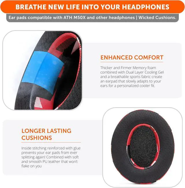 Alt view image 4 of 5 - WC Freeze Hybrid Fabric Cooling Gel Replacement Earpads - Compatible with HyperX Cloud, Steelseries Arctis, ATH M50X, Turtle Beach Stealth & More - Comfortable & Cooler for Longer | Red Prism