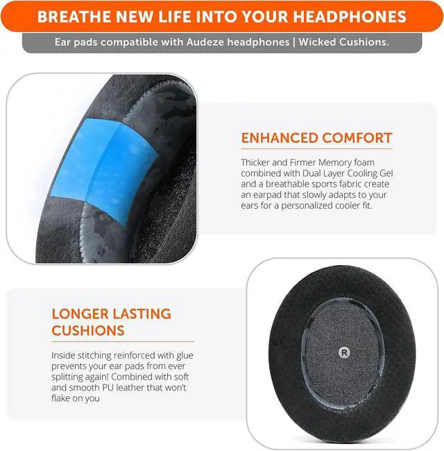 Alt view image 4 of 5 - WC Freeze Penrose - Hybrid Fabric Cooling Gel Replacement Earpads for Audeze Penrose & Mobius, Made by Wicked Cushions, Improved Durability, Thickness and Sound Isolation | Black Camo