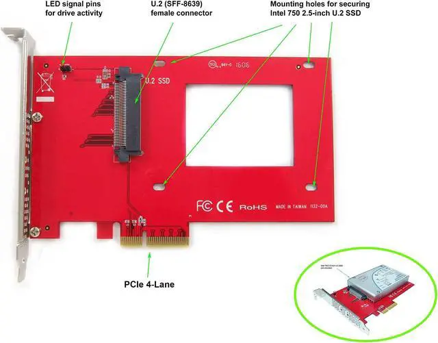 Alt view image 2 of 5 - Ableconn PEXU2-132 NVMe 2.5-inch U.2 (SFF-8639) SSD PCIe 4.0 x4 Carrier Adapter Card - for 2.5-inch U.2 NVMe SSD - U.2 to PCIe - PCIe Adapter for U.2 Drive