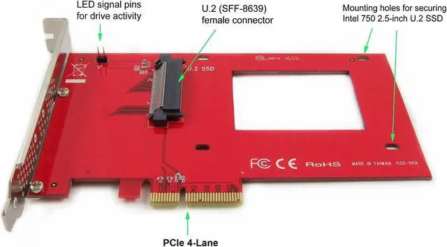 Alt view image 5 of 5 - Ableconn PEXU2-132 NVMe 2.5-inch U.2 (SFF-8639) SSD PCIe 4.0 x4 Carrier Adapter Card - for 2.5-inch U.2 NVMe SSD - U.2 to PCIe - PCIe Adapter for U.2 Drive