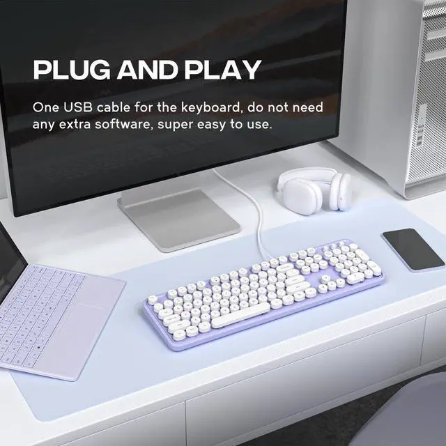 Alt view image 2 of 5 - Atelus Computer Keyboard Wired, Plug Play USB Keyboard with Large Number Pad, Caps Indicators, Foldable Stands, Full Size Keyboard for Windows PC Laptop (Purple-White)