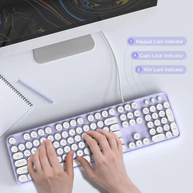 Alt view image 4 of 5 - Atelus Computer Keyboard Wired, Plug Play USB Keyboard with Large Number Pad, Caps Indicators, Foldable Stands, Full Size Keyboard for Windows PC Laptop (Purple-White)