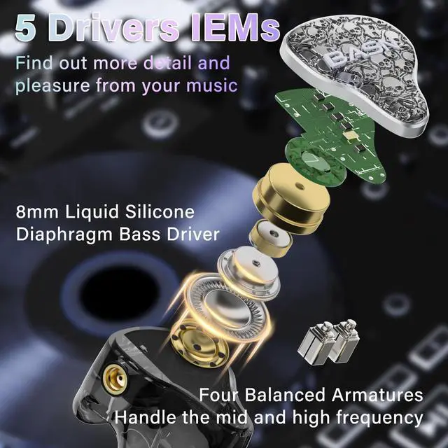 Alt view image 2 of 5 - BASN Bmaster5 in Ear Monitors, 5 Drivers Drummer Headphones with Powerful Bass, Noise Isolation IEM Earbuds with Detachable MMCX Sliver-plated OFC Cable for Musicians (Midnight Black, MMCX)