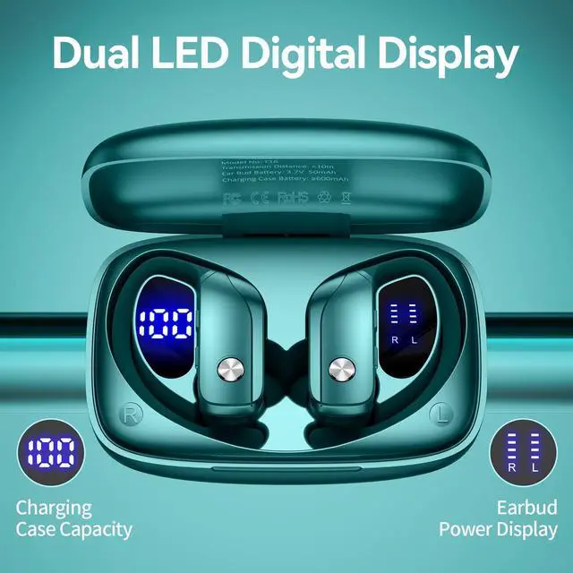 Alt view image 3 of 5 - bmani 2 Sets Wireless Earbuds Bluetooth Headphones 48hrs Play Back Sport Earphones with LED Display Over-Ear Buds with Earhooks Built-in Mic Headset for Workout Sky Blue+Green