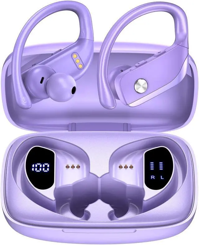 Alt view image 2 of 5 - bmani 2 Sets Wireless Earbuds Bluetooth Headphones 48hrs Play Back Sport Earphones with LED Display Over-Ear Buds with Earhooks Built-in Mic Headset for Workout Green+Purple