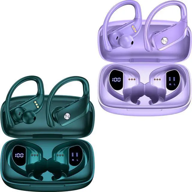 Main image of bmani 2 Sets Wireless Earbuds Bluetooth Headphones 48hrs Play Back Sport Earphones with LED Display Over-Ear Buds with Earhooks Built-in Mic Headset for Workout Green+Purple