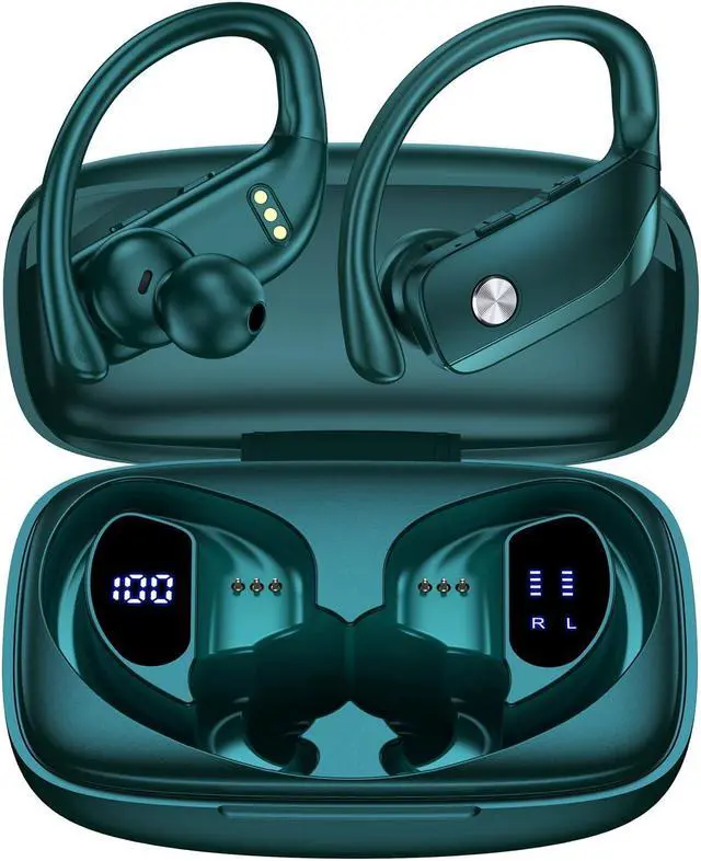 Alt view image 5 of 5 - bmani 2 Sets Wireless Earbuds Bluetooth Headphones 48hrs Play Back Sport Earphones with LED Display Over-Ear Buds with Earhooks Built-in Mic Headset for Workout Green+Purple