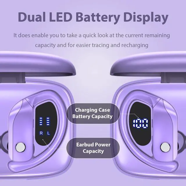 Alt view image 3 of 5 - bmani 2 Sets Wireless Earbuds Bluetooth Headphones 48hrs Play Back Sport Earphones with LED Display Over-Ear Buds with Earhooks Built-in Mic Headset for Workout Green+Purple