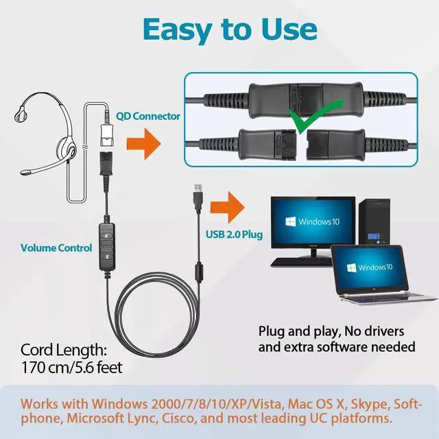 Alt view image 5 of 5 - QD headset USB Adapter Cable Compatible with Plantronics QD (Quick Disconnect) Wired Headset to USB Plug with in-line Volume Mute Controls, Works for Computer Laptop PC Mac UC Skype Lync Softphone