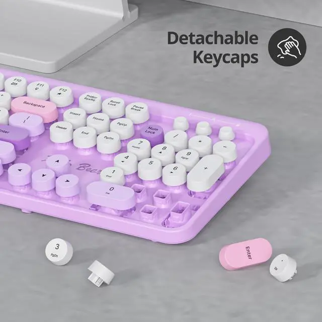 Alt view image 5 of 5 - Mosptnspg 2.4G Colorful Keyboard, 104 Key Wireless Purple Customized Membrane Round keycaps Retro Typewriter Office Keyboard for PC/Mac/Laptop/Tablet/Computer Windows (Purple)
