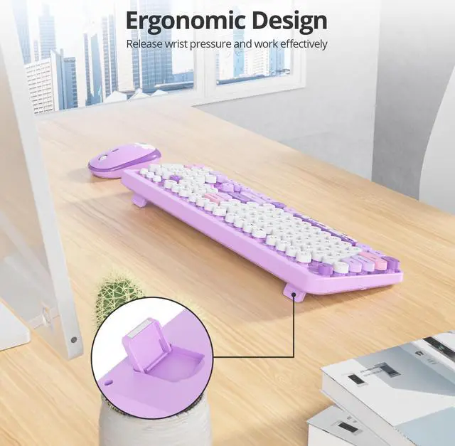 Alt view image 4 of 5 - Mosptnspg 2.4G Colorful Keyboard, 104 Key Wireless Purple Customized Membrane Round keycaps Retro Typewriter Office Keyboard for PC/Mac/Laptop/Tablet/Computer Windows (Purple)
