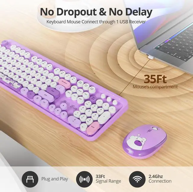 Alt view image 2 of 5 - Mosptnspg 2.4G Colorful Keyboard, 104 Key Wireless Purple Customized Membrane Round keycaps Retro Typewriter Office Keyboard for PC/Mac/Laptop/Tablet/Computer Windows (Purple)