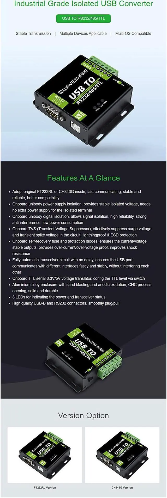 Alt view image 4 of 5 - Coolwell Waveshare USB to RS232/485/TTL Converter Onboard FT232RL Industrial Grade USB to RS232 Converter Support Mac Linux Android Windows 11/10 / 8.1/8 / 7