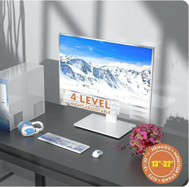 Alt view image 2 of 5 - Single LCD Computer Monitor Free-Standing Desk Stand Riser for 13 inch to 32 inch Screen with Swivel, Height Adjustable, Rotation, Holds One (1) Screen up to 77Lbs(HT05W-001) White