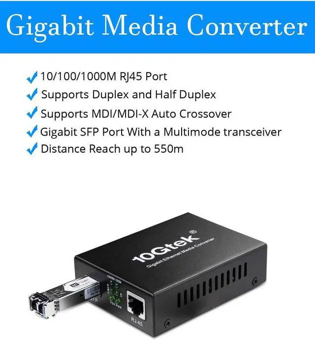 Alt view image 2 of 5 - 1.25G Fiber to Ethernet Media Converter, Gigabit Multimode LC Fiber to RJ45 Converter, 1000Base-SX to 10/100/1000Base-TX, SFP SX Module MMF, 850nm, up to 550m