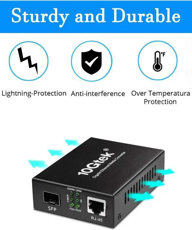 Alt view image 5 of 5 - 1.25G Fiber to Ethernet Media Converter, Gigabit Multimode LC Fiber to RJ45 Converter, 1000Base-SX to 10/100/1000Base-TX, SFP SX Module MMF, 850nm, up to 550m
